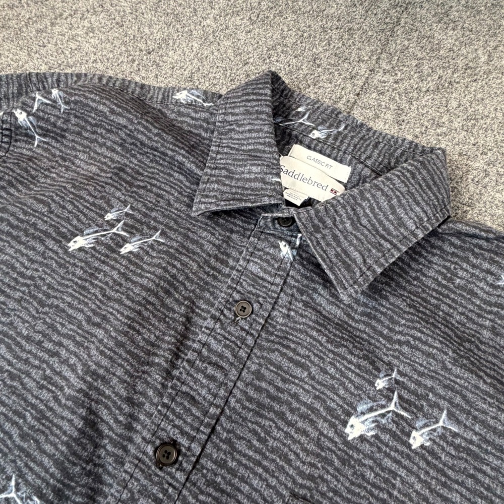 Saddlebred Mens XL Classic Fit Short Sleeve Button Down Shirt Fish Wave Grey